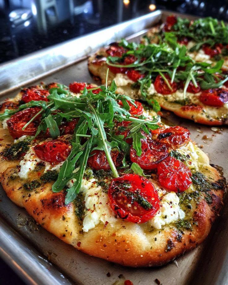 Pesto Burrata Flatbread with Roasted Tomatoes & Arugula