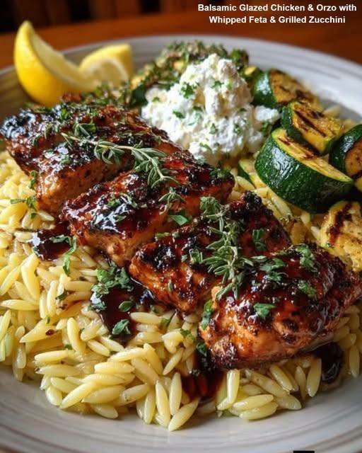 Balsamic Glazed Chicken & Orzo with Whipped Feta & Grilled Zucchini